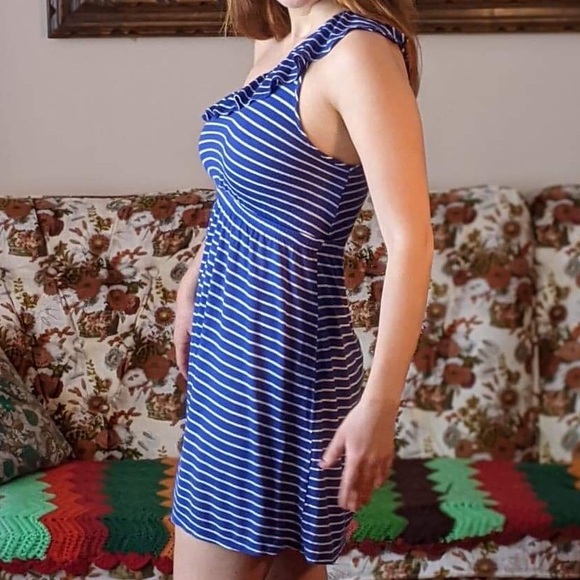 Blue and white striped one shoulder ruffle dress - Picture 2 of 6